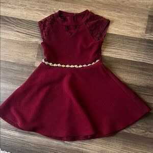 Red Fit and Flare Dress with Cap Sleeves and Mock Neck